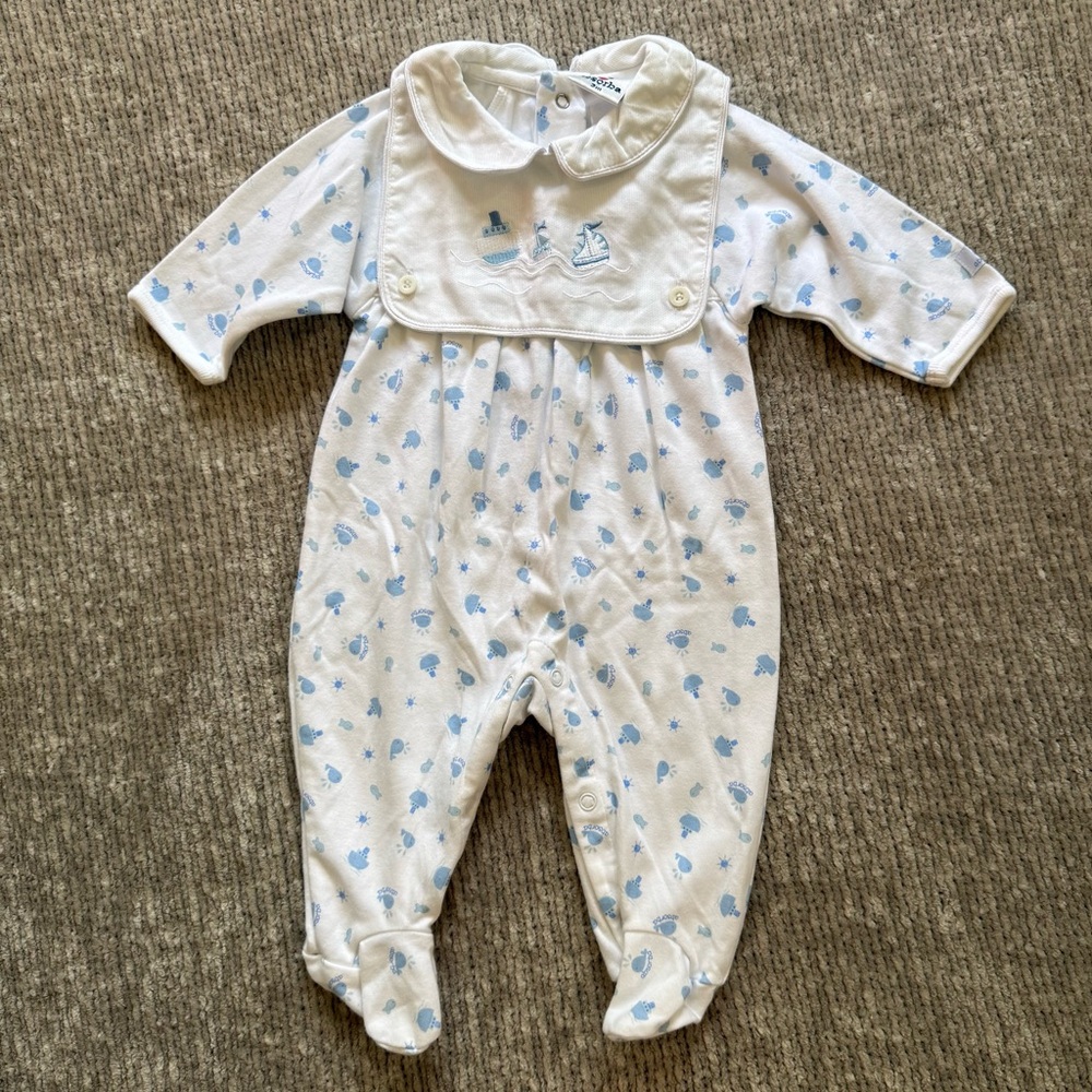 Absorba 3M Nautical Footed Romper White/Blue Boats & Whales Bib Collar‎